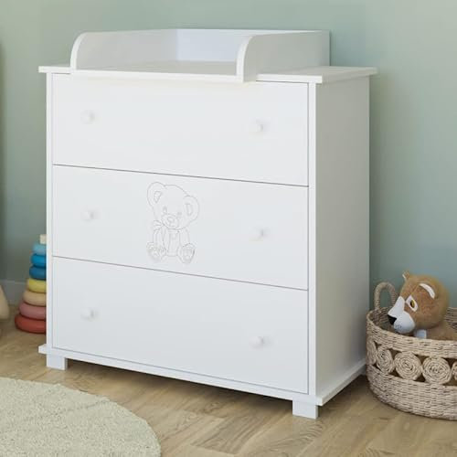 Kids Collective Wickelkommode Kommode Wickeltisch mit Wickelaufsatz mit 3 Schubladen und Teddy Gravur in Weiss Made in Europe