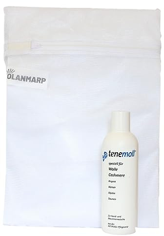 Detergente para lana concentrado Tenemoll líquido – con bolsa de lavado Olanmarp, para lavado a mano y en lavadora, ideal para lana, cachemir y tejidos delicados (240 ml)