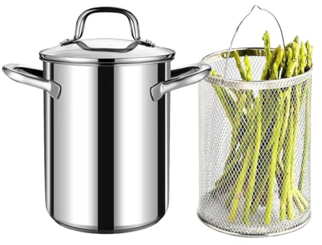 GOVNPJ Asparagus Pot, Asparagus Steamer Stainless Steel Steamer Cooker 4L Pasta Pot with Strainer Pasta Cooker for Spaghetti, Oil Deep Fry Pan for French Fries