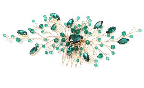 FDCGAS 1 PCS Pettine per Capelli in Cristallo Verde per la Sposa, Accessori per Capelli in Foglia di Vite Dorata, posticci da con Strass Verde, Sposa in Fiore,Accessori per Capelli in Cristallo
