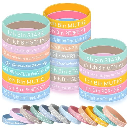 Harrycle 36 Stück Kinder Motivationsarmbänder Silikon Armbänder mit Positiven Sprüchen Mutmacher Geschenk Motivierende Gummiarmbänder Kindergerburtstag Mitgebsel für Teenager Kollegen Mitarbeiter
