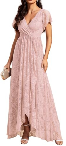 Ever-Pretty Robe Demoiselle d'honneur Femme Longue Asymétrique Dentelle Manches Courtes Col V Fluide Chic Rose 56