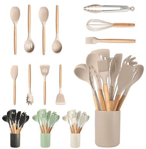 JUPPLIES Juego de Utensilios de Cocina de Silicona 12 Piezas con Mangos de Madera y Soporte Organizador – Set Antiadherente Resistente al Calor – Apto para Todas Las Ollas y Sartenes - Marrón