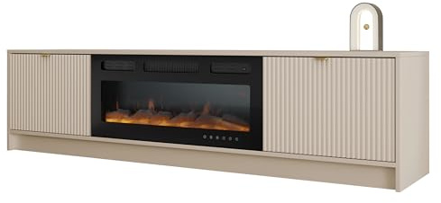 Mirjan24 TV Schrank Tireno EF mit Elektrischem Kamin mit Heizung, Realistische LED-Flamme, 2 Klappe, gefräster Front, Fernsehschrank, TV Lowboard Fernsehtisch (Sandbeige)