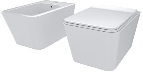 Coppia Sanitari Sospesi Vaso WC E Bidet Sospeso Design Moderno Quadrato In Ceramica Con Copriwater Chiusura Soft Close Chiusura Rallentata Colore Bianco Lucido