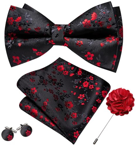 Barry.Wang Red Black Bow Ties for Men Floral Silk Pre-Tied Bowtie Pocket Square Cufflinks Lapel Pin Set Formal Wedding Party Prom