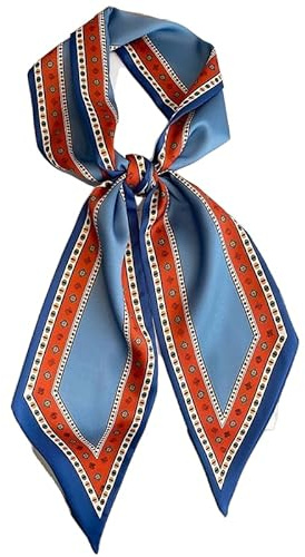GIMIRO Pañuelo de seda de satén, 148 x 13,5 cm, corbata de doble capa, cintura para blazer, abrigo, vestido, Azul Naranja Retro, 148cm x 13,5cm