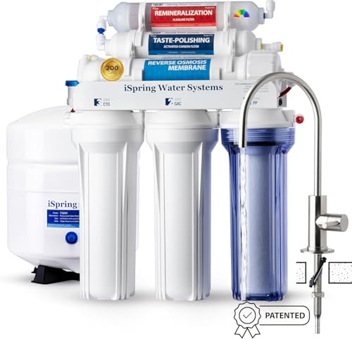 iSpring RCC2AK Reverse Osmosis System, 6-Stage, 200 GPD, NSF certified | Upgraded under-sink system with remineralization filter. pH+ Alkaline. Patented top-mounted faucet for easy DIY installation.
