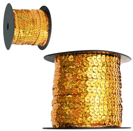 Rotolo di paillettes da 100 yards, 6 mm, con paillette colorate, bordo piatto con brillantini per fai da te, nastri con paillettes per decorare abiti, ornamento, fascia da ballo, bracciale (oro laser)
