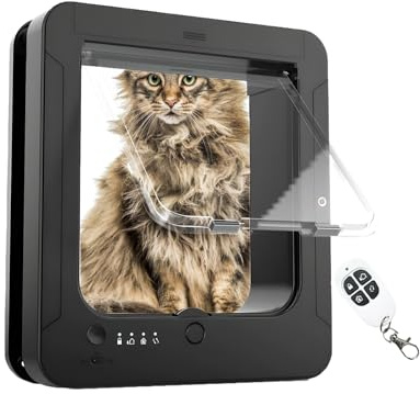 Microchip Pet Door | Electronic 4-Way Locking Pet Gate with Remote Control and 2 Sensor Collars | Flap Opening Cat Gate - for Indoor Doorway Wall Patio Porch Balcony Hallway Home Apartment Garage