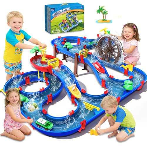 TERRAMUS 2-Tier Kids Watermill Water Table Toys, 124PCS Water Park Playset with Pump, Waterwheel, Summer Outdoor Water Toys Waterways for Backyard,Lawn,Beach,Pool,Gifts for Boys Girls Toddlers 3-5 4-8