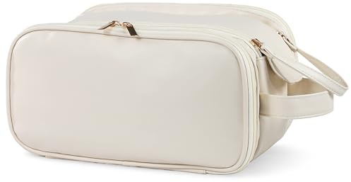 Makeup Bag Large Capacity with Compartments & Handle, PU Leather Travel Makeup Bag Waterproof, Cosmetic Bag Portable, Make Up Bag with Clear Divider for Women