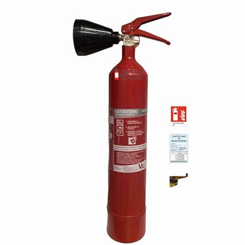 Estintore a Co2 kg 2 2025 omologato e certificato con staffa e cartello pvc adesivo con cartellino di Manutenzione semestrale per uffici negozi hotel case vacanze UNI EN 3-7