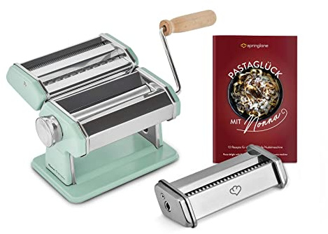 Manuell pastamaskin nonna, rostfritt stål, pastamaker inklusive recepthäft, pastatorktumlare, lingsinfäste och 3 skärtillbehör för spaghetti, lasagne, daggliatelle – mint