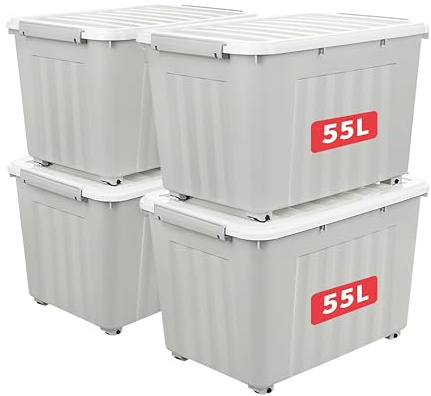 Cetomo 55L*4 Cajas de Almacenamiento con Tapas, Contenedores de Plástico con Ruedas, Clip On, Apilables, Encajables, Organizador Rayado para Oficina en Casa, Gris, 55L-4 Pack