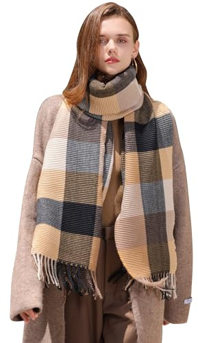Longwu Bufanda de lana de cachemira de tartán suave para mujer Cálida y larga Pashminas con arrugas largas Mantón y abrigo Estola de invierno Manta para regalos de damas