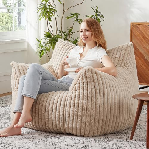 Giant Bean Bag Chairs for Adults Teens with Filling Large Fluffy Bean Bag Chair with Armrests Plush Comfy BeanBag Couch Sofa Chair for Bedroom Living Room Reading