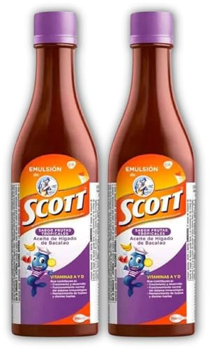 Yahve - Emulsión de Scott Aceite de hígado de bacalao sabor Frutas Tropicales Pack de 2 de 180.4 ml - 180 ml - Suplemento dietético para niños con vitamina A y Calcio -