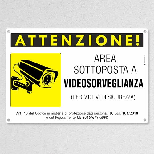Pubblimania Cartello ATTENZIONE AREA VIDEOSORVEGLIATA ORIZZONTALE. Alluminio composito spessore 3 mm, per esterno/interno (Cm 15x20)