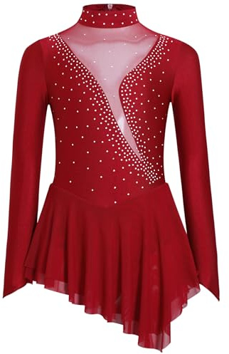 Yihuimin Enfant Fille Robe Patinage Artistique Manche Longue Justaucorps Danse Patin à Glace Ballet Strass Tenue de Spectacle Bourgogne 11-12 Ans