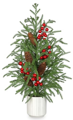 Arborus Pianta finta natalizia in vaso, bacche rosse miste con pigne, pino norfolk, piccolo albero