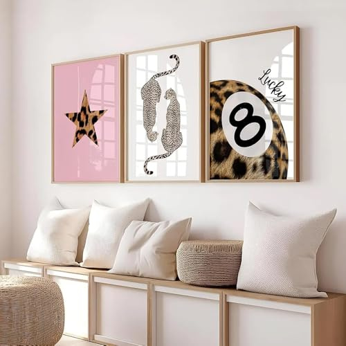 Set of 3 Preppy Cheetah Wall Art Trendy Pink Leopard Star Lucky 8 Ball Posters Prints Aesthetic Wall Decor Pictures for Girly Bedroom Apartment Dorm Unframed 12x16in