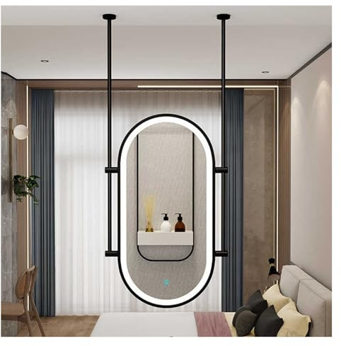 QAZXDRFG Specchio da soffitto con Luce LED, Specchio Ovale in Metallo Galleggiante, Illuminazione Regolabile in 3 Colori, Adatto per Ingresso, Guardaroba e Decorazione della casa (Nero, 60x90 cm)