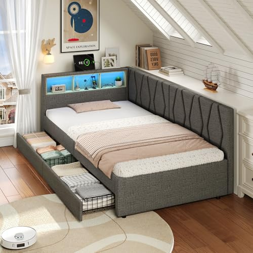 ModernLuxe 3FT Single Bed Frame with 2 Spacious Storage Drawers, LED Modern Day Bed with Built-in Charging Station, Ideal for Living Room, Bedroom, or Study Room, Linen, Grey, 90x190cm
