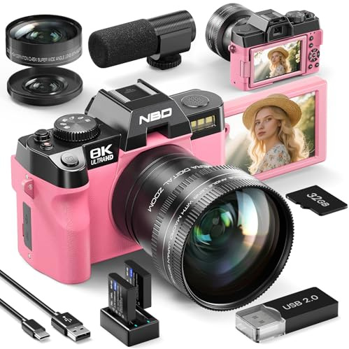 NBD Appareil Photo Numérique 8K 64MP, Autofocus, Zoom Numérique 16X, Rose