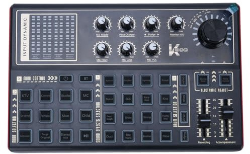 FAUOSWUK Dator Live-ljudkort, Multi DJ Mixer med 12 Elektriska 20 Förinställda Effekter LED-ljus, för PC-spelsändning Live Streaming Podcast