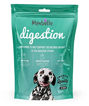 Monbelle Digestion Dog Supplement, Promotes Digestive Health, Firms Stools, Reduces Excess Wind, Probiotics for Sensitive Stomachs, Vet-Endorsed, UK-Made, All Breeds, 120 Tablets