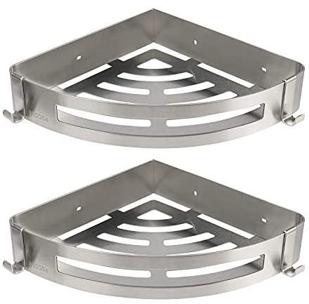 NearMoon Bathroom Shower Caddy 2 Pack, 304 Stainless Steel Shower Organizer with 2 Hooks, No Drill (Corner Shelf, Brushed Nickel)