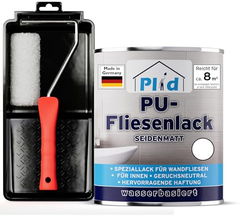 PLID® Fliesenfarbe Badezimmer & Küche [FEUCHTIGKEITSBESTÄNDIG] Fliesenlack Weiß satin 0.75l fürs Bad - Fliesen neu streichen & lackieren im Innenbereich - 3in1 Fliesen Farbe Lack - Made in Germany Set