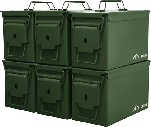 HOMESTEAD 50 Cal Metal Ammo Can – 6-Pack M2A1 Military Steel Ammo Storage Box, Airtight & Water-Resistant Ammo Containers for Long-Term Storage, Green Color