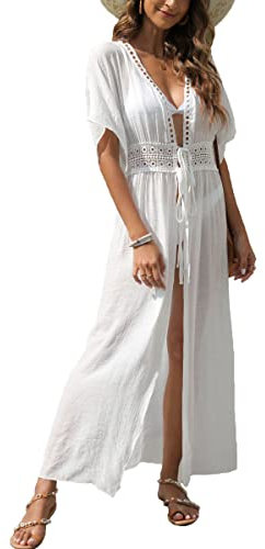 MIXIDON Damen Sommer Bikini Cover Up Maxi Strandkleid Boho Lang Leichte Strickjacke Beachwear Kimono Strand Cardigan, Weiß, Einheitsgröße