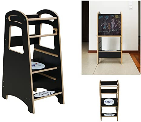 Skyline Steh und Lernturm Baby ab 1 Jahr Montessori Learning Tower Höhenverstellbar Tritthocker Kinder Indoor Möbel Kinderzimmer Trittschemel Kitchen Helper Hochstuhl Tafel Board (Schwarz/Flugzeug)