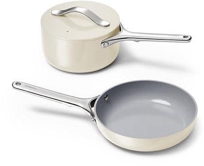 Caraway Mini Cookware Set - Non-Stick Ceramic Fry Pan (1.05 qt, 8) Sauce Pan (1.75 qt) & Storage Rack - Non Toxic, PTFE & PFOA Free - Oven Safe & Stovetop Agnostic (Gas, Electric & Induction) - Cream