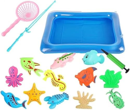 SURPZON Magnetic Fishing Toys, 16 Pcs Kids Fishing Game Set with Rod Pool and Net, Outdoor Plastic Floating Fish Bathtime Pool Toy for 3 4 5 6 Year Old