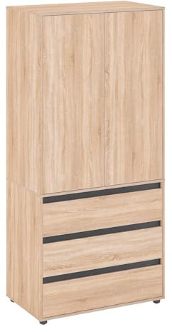 KOMTO Kleiderschrank Klein in Sonoma Eiche - Schrank Schlafzimmer Kinderzimmer Mehrzweckschrank mit 2-türig & 3 Schubladen Garderobenschrank Flur | Drehtürenschrank Cube 90 x 192 x 53 cm