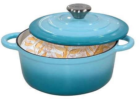 COOKWIN Horno holandés esmaltado con tapa, horno holandés de 2.1 cuartos de galón, horno holandés de hierro fundido verde azulado, olla holandesa con asas dobles, horno holandés para hornear pan,