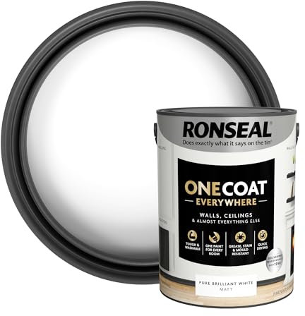 Ronseal One Coat Everywhere Paint Pure Brilliant White Matt 5L – Durable Interior Paint for Walls & Ceilings Smooth Finish Quick Coverage Ideal for Easy Home Projects