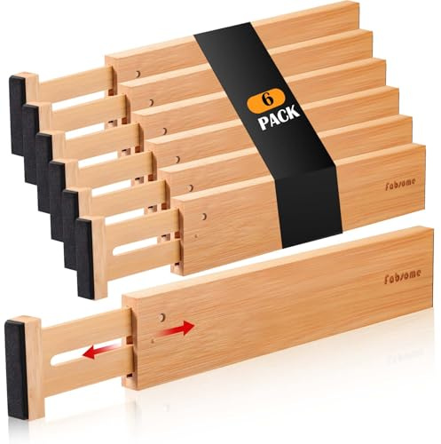 Fabsome Drawer Divider 6 Pack, Bamboo Dresser Organizers for Clothes Socks Underwear Baby Clothing, Wooden Separators for Nursery Organization Adjustable from 12.5'' to 17'' with Soft Foam Ends