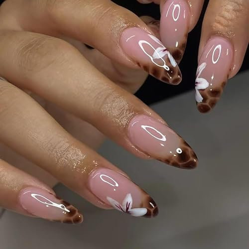 Yamobi 24 Unghie Artificiali a Mandorla con Disegni di Fiori Bianchi e Leopardo - Lucide da Incollare per Donne e Ragazze