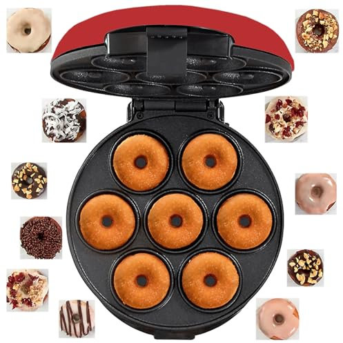 Mini máquina para Hacer donas, máquina para Hacer donas eléctrica Antiadherente de 7 Orificios con Superficie eléctrica Antiadherente, diseño termostático único, Hace 7 postres, para Vacaciones Red