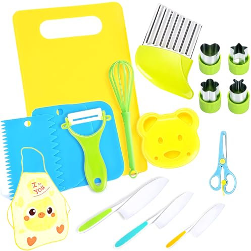 Set Cucina Bambini 17 Pezzi | Coltelli Sicurezza Anti-Taglio con Protezione Punta | Utensili da Taglio Sicuri 3+ Anni per Frutta & Verdura | Giocattoli Educativi Montessori | Materiali Atossici