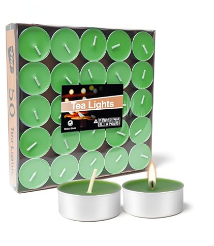 50 velas de té de 4 horas – Velas de parafina sin perfume, de combustión limpia y color verde, para bodas, Navidad, cumpleaños, decoración de mesa, Pascua, Baby Shower, fiesta en el jardín, Ramadán y