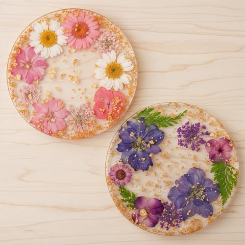 Classicseali Coasters Set of 2, Cute Coasters for Desk, 8.7cm/3.4Inch Non-Slip Flower Resin Coaster for Office Women, Cute Coaster for Drinks Coffee Table Wooden Desk Kitchen Bar Mugs