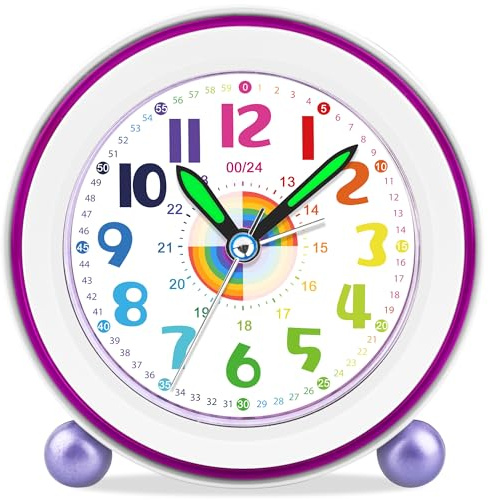 DTKID Réveil Enfant Analogique sans Tic-Tac, Réveil avec Fonction Snooze Veilleuse, pour Chambre de Garçon et Fille, Alimenté par Piles