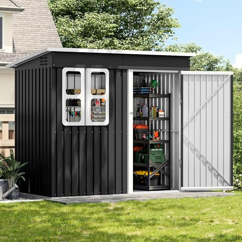 UDPATIO Trädgårdshus metall 222 x 132 x 190 cm med fönster, låsbar dörr och ventilation, cykelgarage med pulttak, verktygsskjul för utrustning, vattentät, mörkgrå
