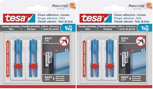 Clou adhésif tesa pour toile, papier peint et plâtre, hauteur réglable, clou autocollant, toiles et cadres pour châssis, force adhésive 1 kg par clou, peut être retiré sans laisser de trace (Lot de 2)
